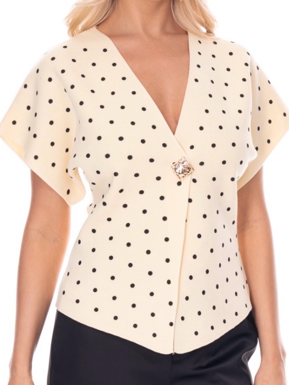 Trendy Polka Dot V-Neck Button-Front sweater knit blouse- White/Black